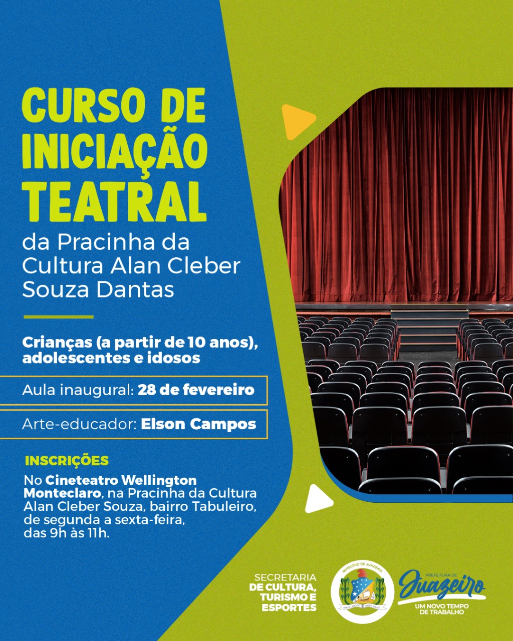 Crianças, adolescentes e Idosos podem se inscrever em curso de iniciação teatral na Pracinha da Cultura, em Juazeiro