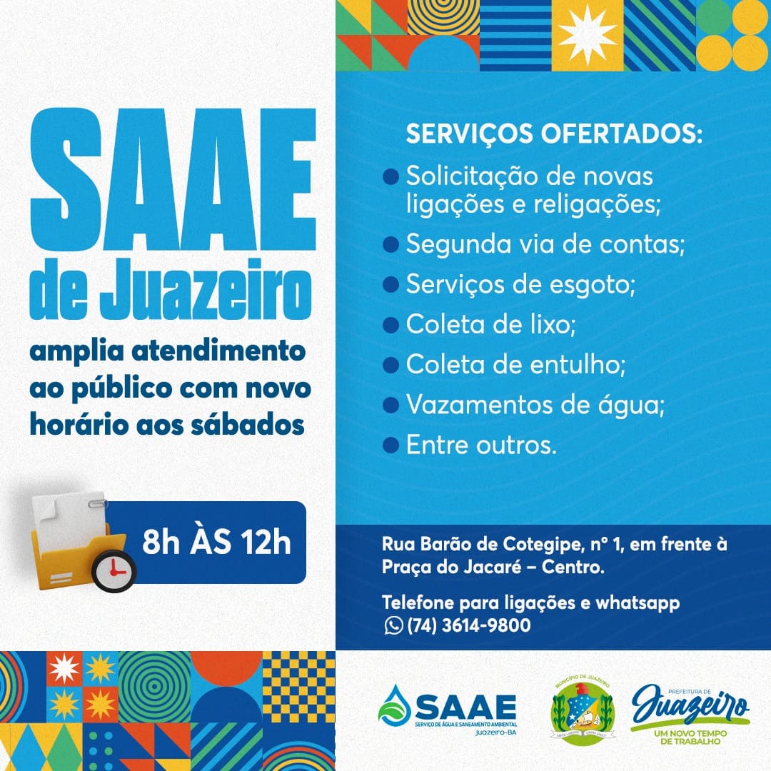 Atendimento ampliado do SAAE Juazeiro já inicia neste sábado