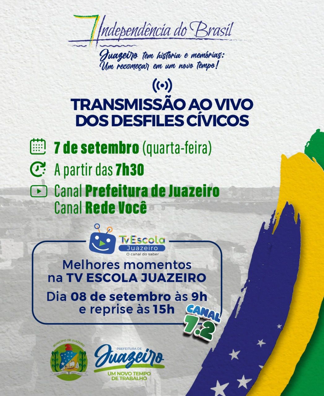 Prefeitura de Juazeiro transmitirá ao vivo desfiles cívicos de 7 de setembro e melhores momentos serão exibidos na TV Escola