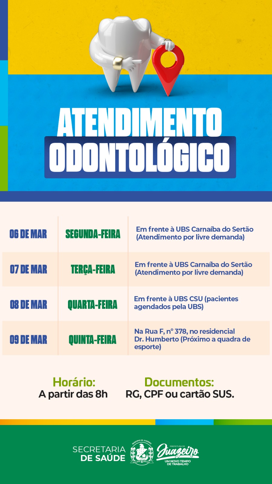 Confira o cronograma da Unidade Móvel Odontológica da Prefeitura de Juazeiro desta semana