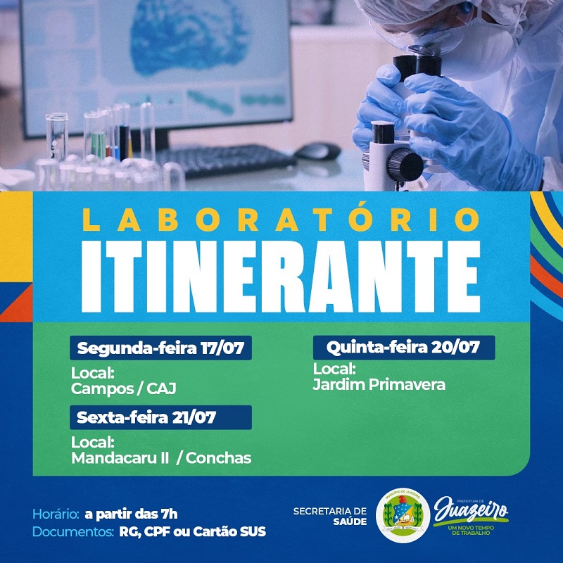 Laboratório Itinerante: Prefeitura de Juazeiro divulga cronograma de atendimento nos dias 17, 20 e 21 de julho