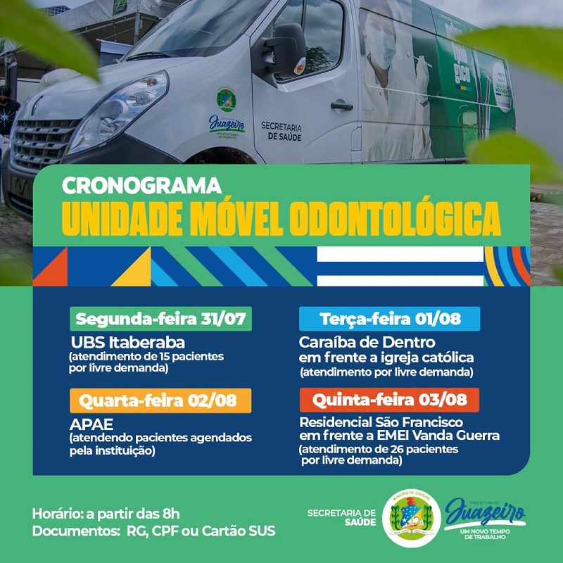 Prefeitura de Juazeiro divulga cronograma da Unidade Móvel Odontológica para o período de 31 de julho a 03 de agosto