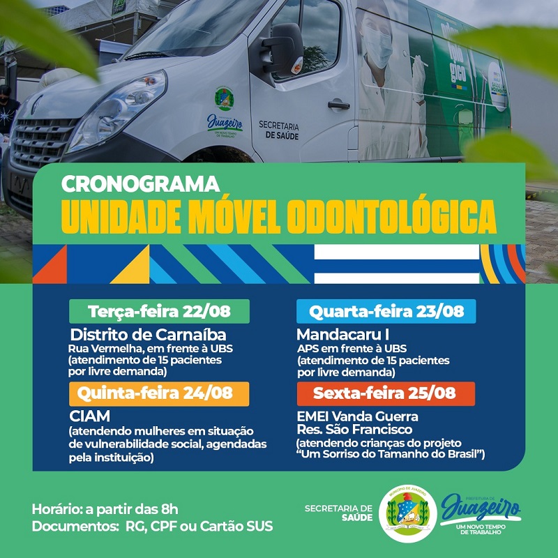 Prefeitura de Juazeiro divulga cronograma de atendimento da Unidade Móvel Odontológica para o período de 22 a 25 de agosto
