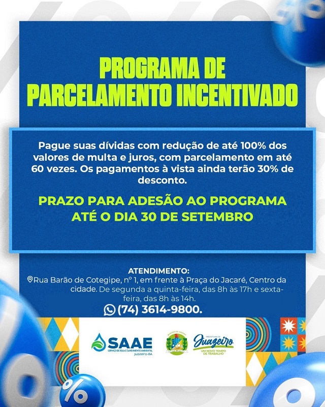 Programa de Parcelamento de débitos do SAAE segue até o dia 30 de setembro em Juazeiro
