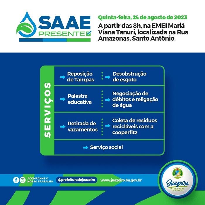 SAAE Presente acontece no bairro Santo Antônio nesta quinta-feira (20)