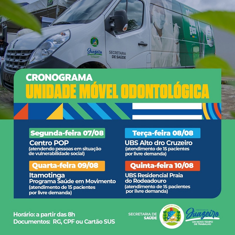 Prefeitura de Juazeiro divulga cronograma da Unidade Móvel Odontológica para o período de 07 a 10 de agosto