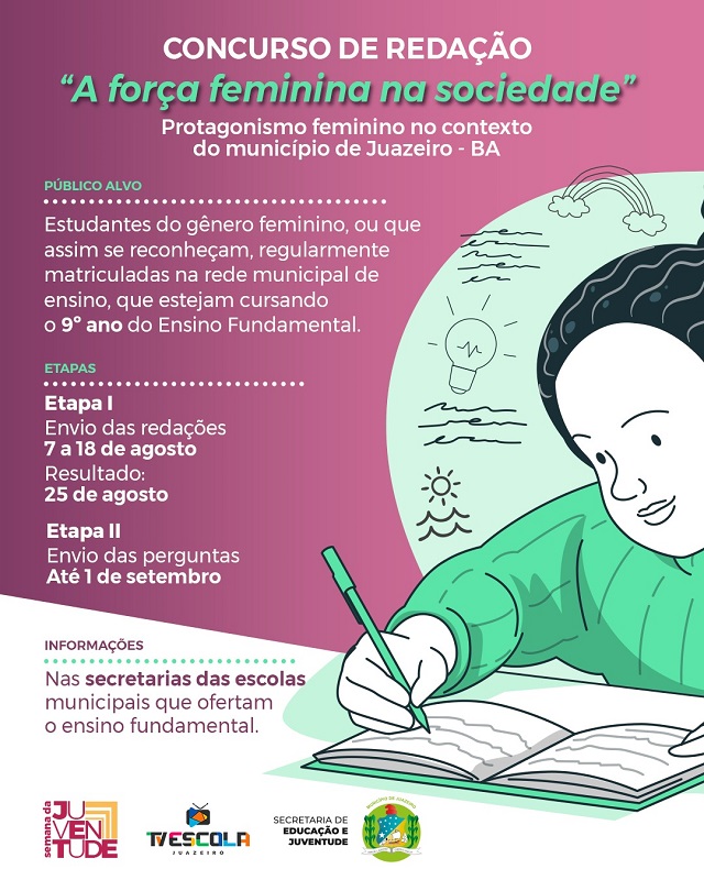 Protagonismo feminino é tema de concurso de redação promovido pela Prefeitura de Juazeiro 