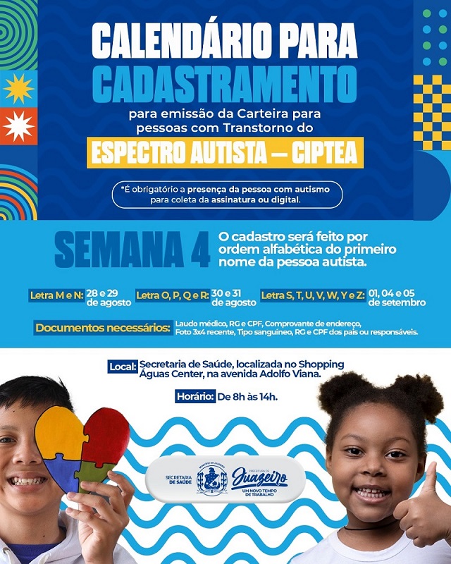 Confira o cronograma para cadastro da carteira de identificação para Autistas da Prefeitura de Juazeiro