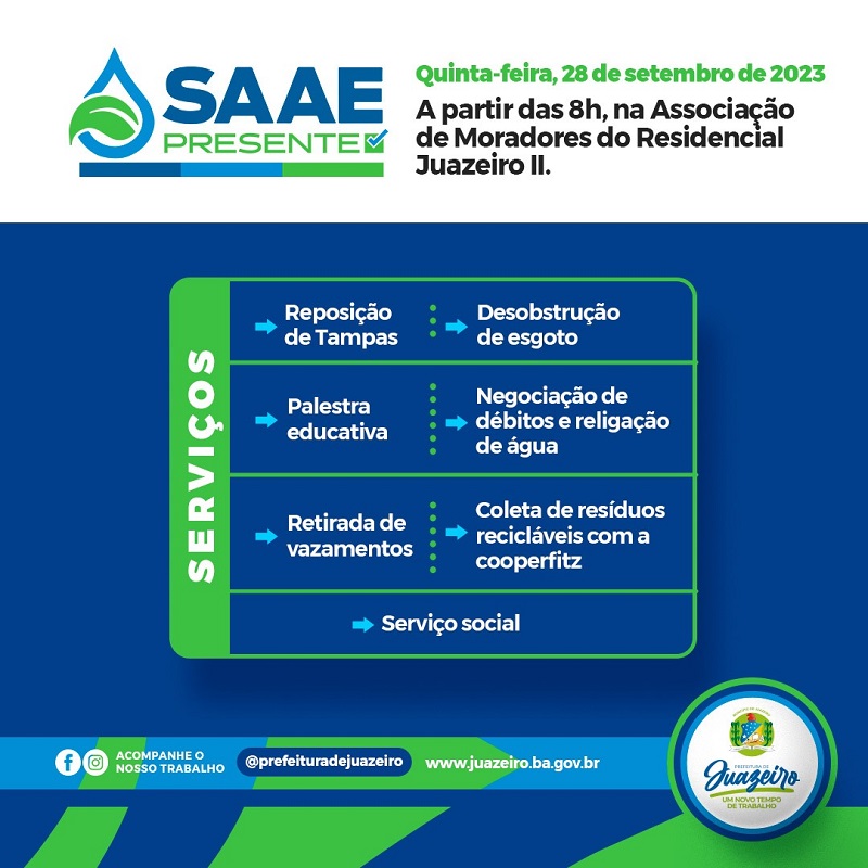 SAAE Presente acontece nos Residenciais Juazeiro 1, 2 e 3 nesta quinta-feira (28)