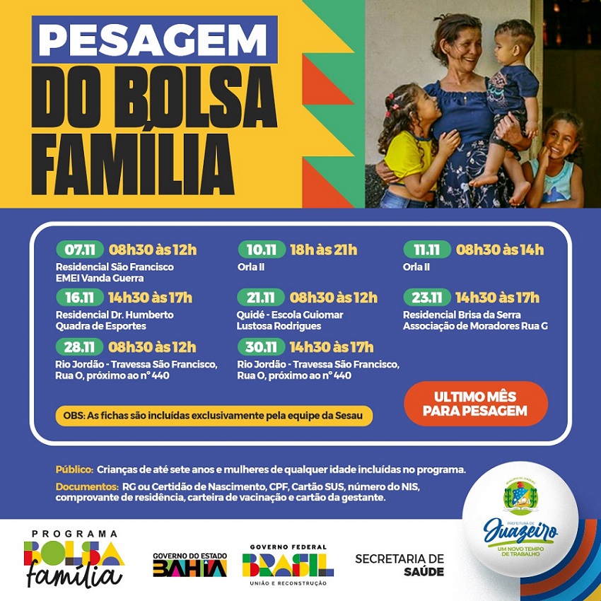 Prefeitura de Juazeiro divulga último cronograma de pesagens do Bolsa Família em 2023