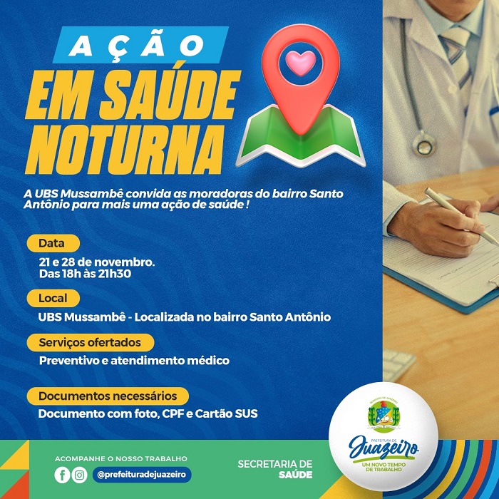 Prefeitura de Juazeiro realiza mutirão de saúde noturno na UBS Mussambê nos dias 21 e 28 de novembro