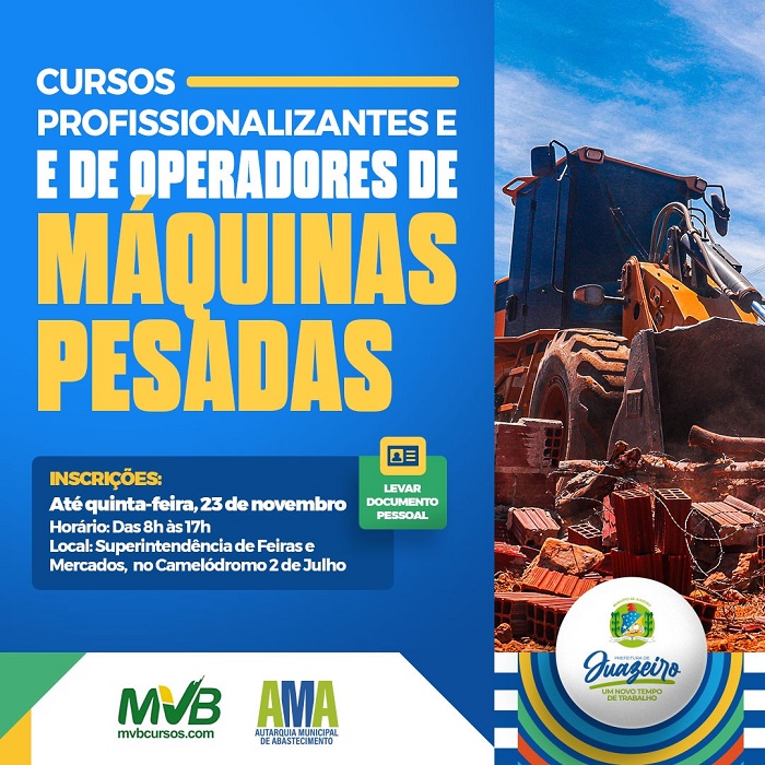 Prefeitura de Juazeiro inscreve para curso gratuitos de operadores de máquinas pesadas e profissionalizantes