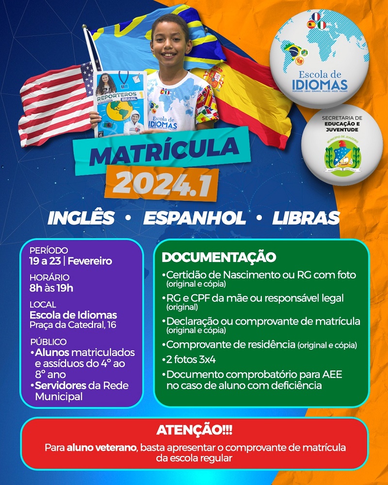 Prefeitura de Juazeiro inicia matrícula para cursos da Escola de Idiomas na próxima segunda-feira (19)