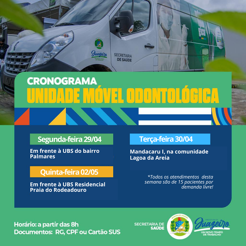 Prefeitura de Juazeiro divulga cronograma da Unidade Móvel Odontológica no período de 29 de abril a 02 de maio
