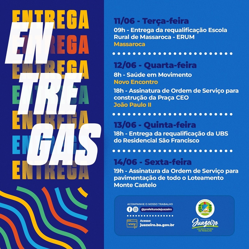 Entrega de Escola, UBS e assinatura de ordens de serviço serão realizadas pela Prefeitura de Juazeiro de 11 a 14 de junho