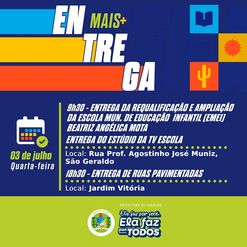 Prefeitura de Juazeiro vai entregar 66ª escola ampliada e requalificada, estúdio da TV Escola e pavimentação de ruas nesta quarta-feira (3)