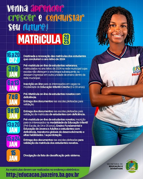 Matrículas na rede municipal de ensino para 2025 iniciam na próxima segunda-feira (16) em Juazeiro
