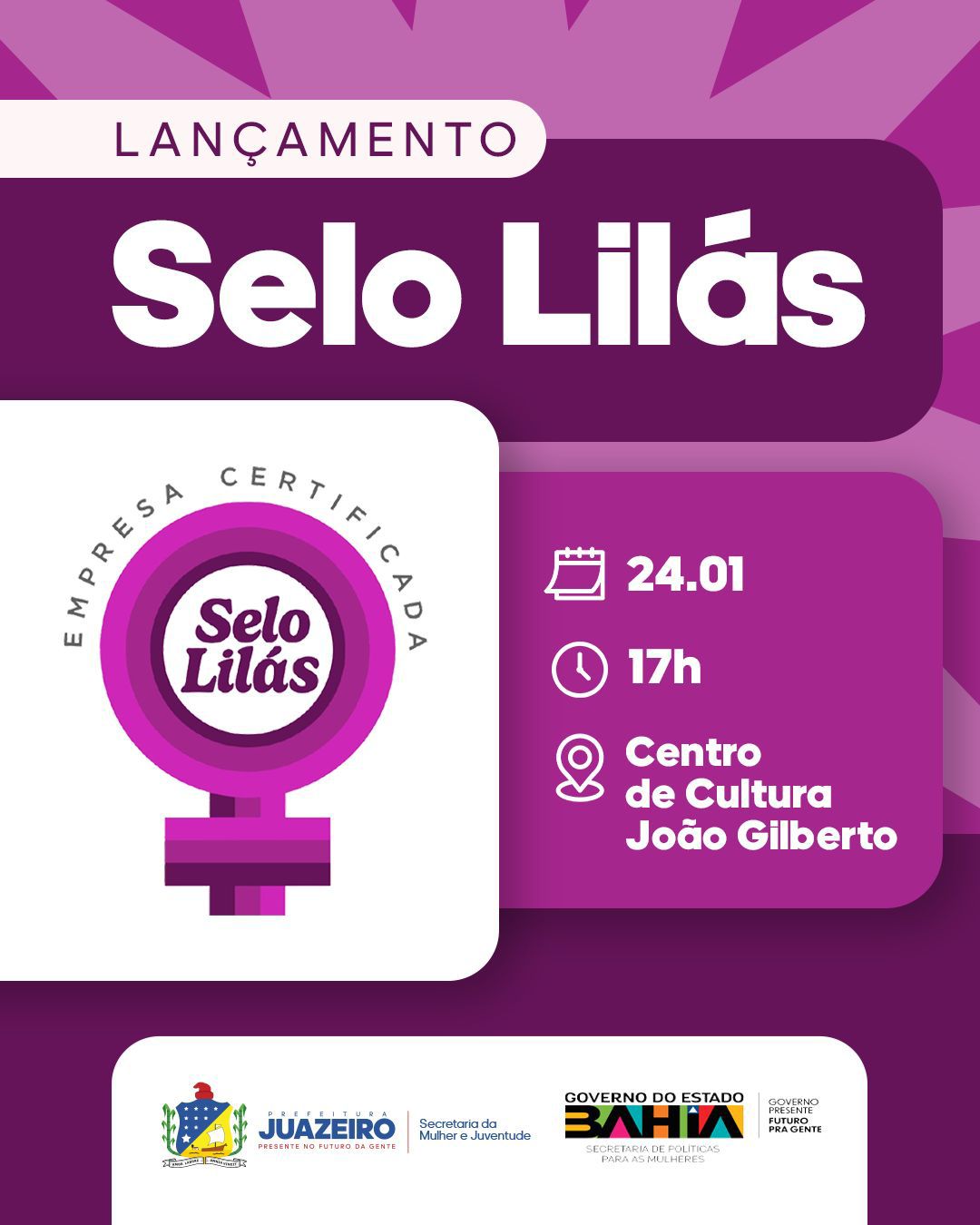 SELO LILÁS: POLÍTICA DE IGUALDADE DE GÊNERO SERÁ LANÇADA NESTA SEXTA-FEIRA (24) EM JUAZEIRO