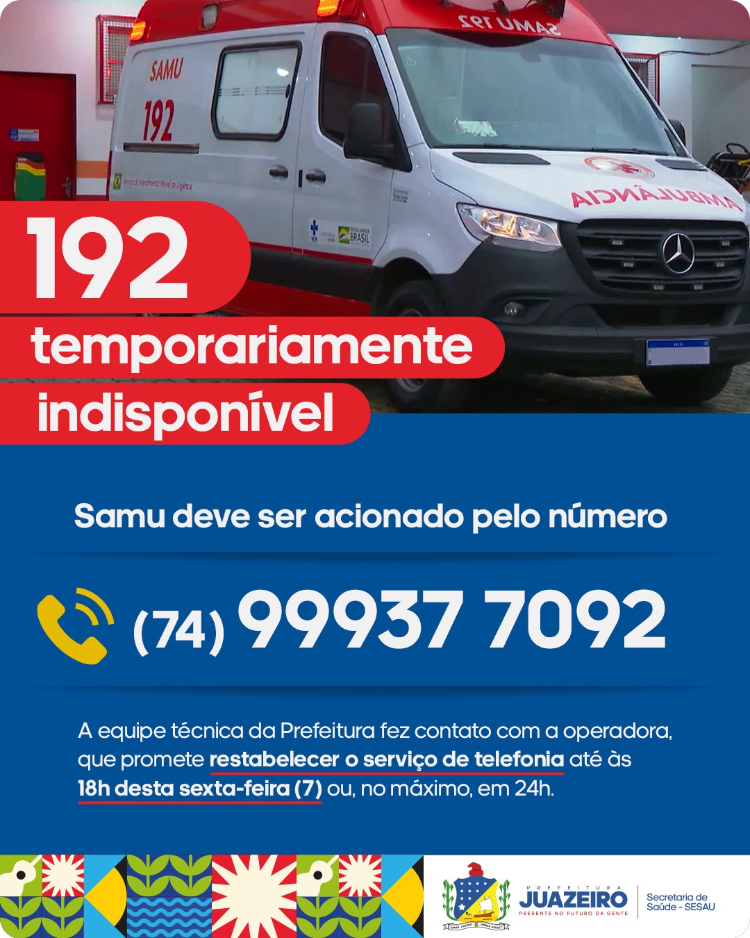 Número de emergência do SAMU em Juazeiro está temporariamente indisponível: novo contato é divulgado