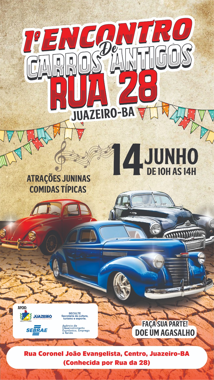 Rua da 28 de Setembro recebe 1º Encontro de Carros Antigos com programação junina especial e doação de agasalhos