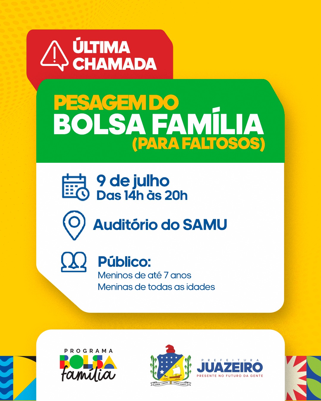 Bolsa Família: última chamada para pesagem obrigatória de beneficiários faltosos será realizada nesta quarta-feira (9), em Juazeiro