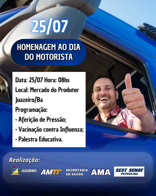 Dia do Motorista será celebrado com ação especial no Mercado do Produtor de Juazeiro