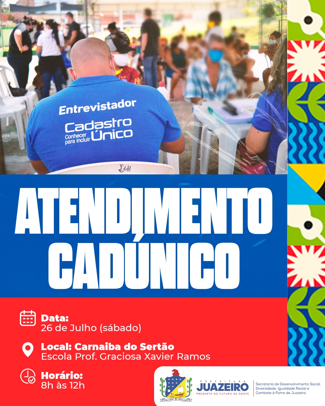 Prefeitura de Juazeiro leva serviços do CadÚnico ao distrito de Carnaíba do Sertão neste sábado (26)