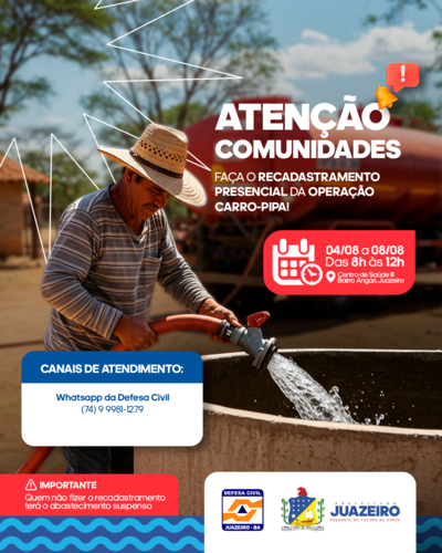 Prefeitura de Juazeiro convoca beneficiários da Operação Carro-Pipa para recadastramento