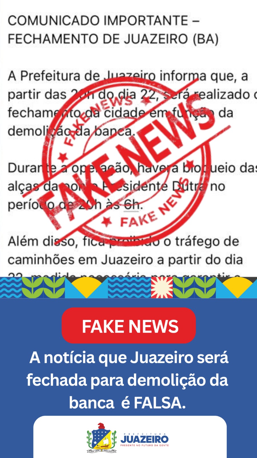 Prefeitura de Juazeiro desmente fake news sobre “fechamento” da cidade
