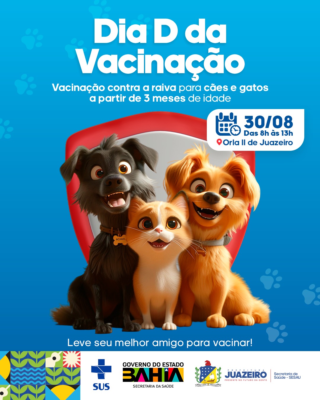 Dia D de Vacinação Antirrábica acontece neste sábado (30) na Orla II de Juazeiro