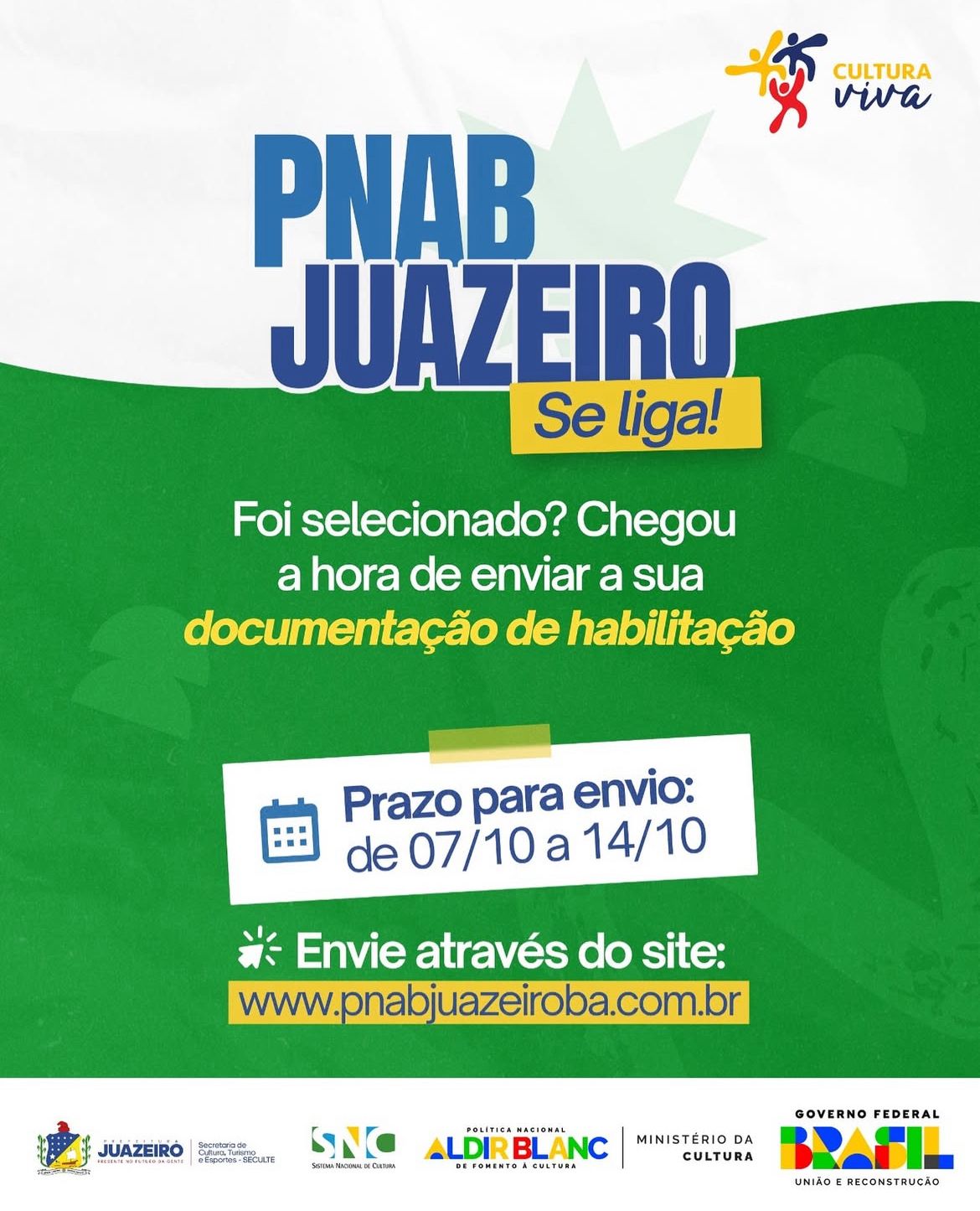 Seculte convoca selecionados da PNAB em Juazeiro para envio de documentos até 14 de outubro