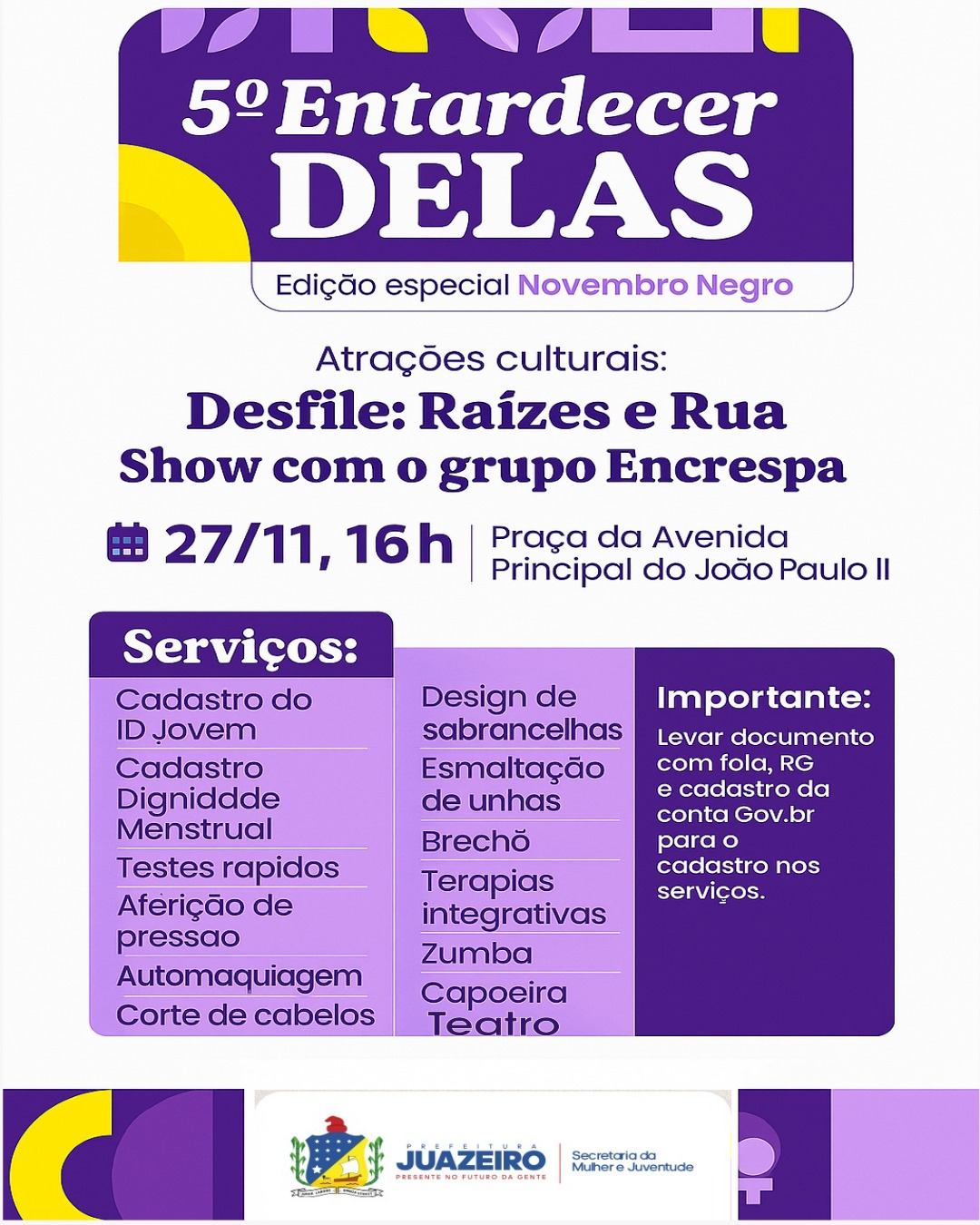 Prefeitura de Juazeiro realiza 5º Entardecer Delas – Edição especial Novembro Negro nesta quinta-feira (27)
