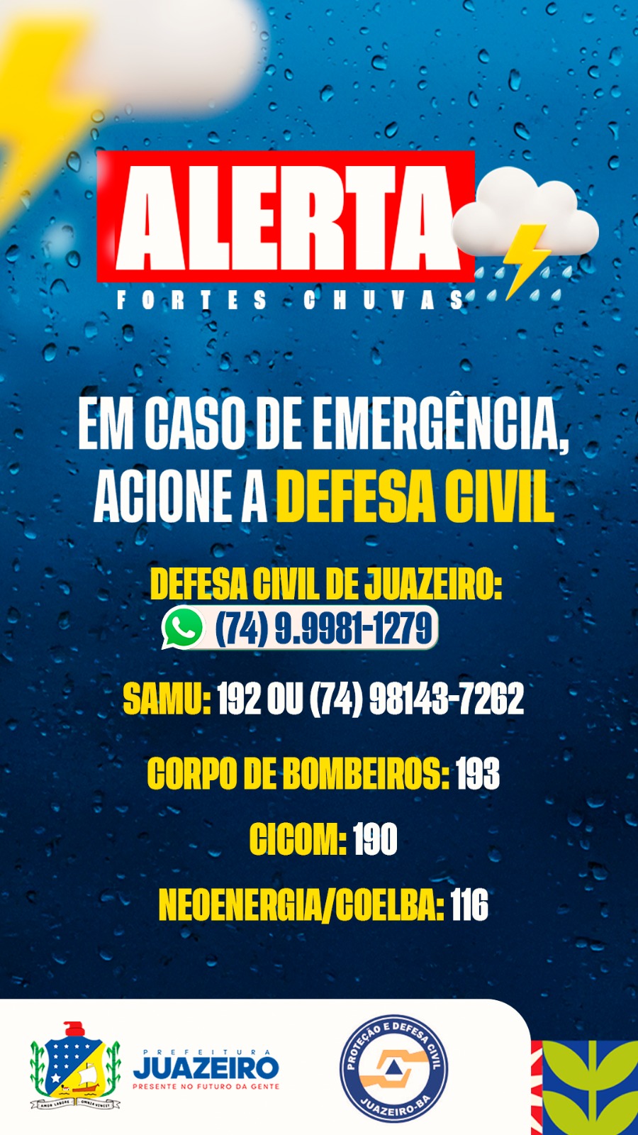 Defesa Civil de Juazeiro alerta para previsão de chuva nos dias 19 e 20 e orienta população sobre como agir em caso de emergência