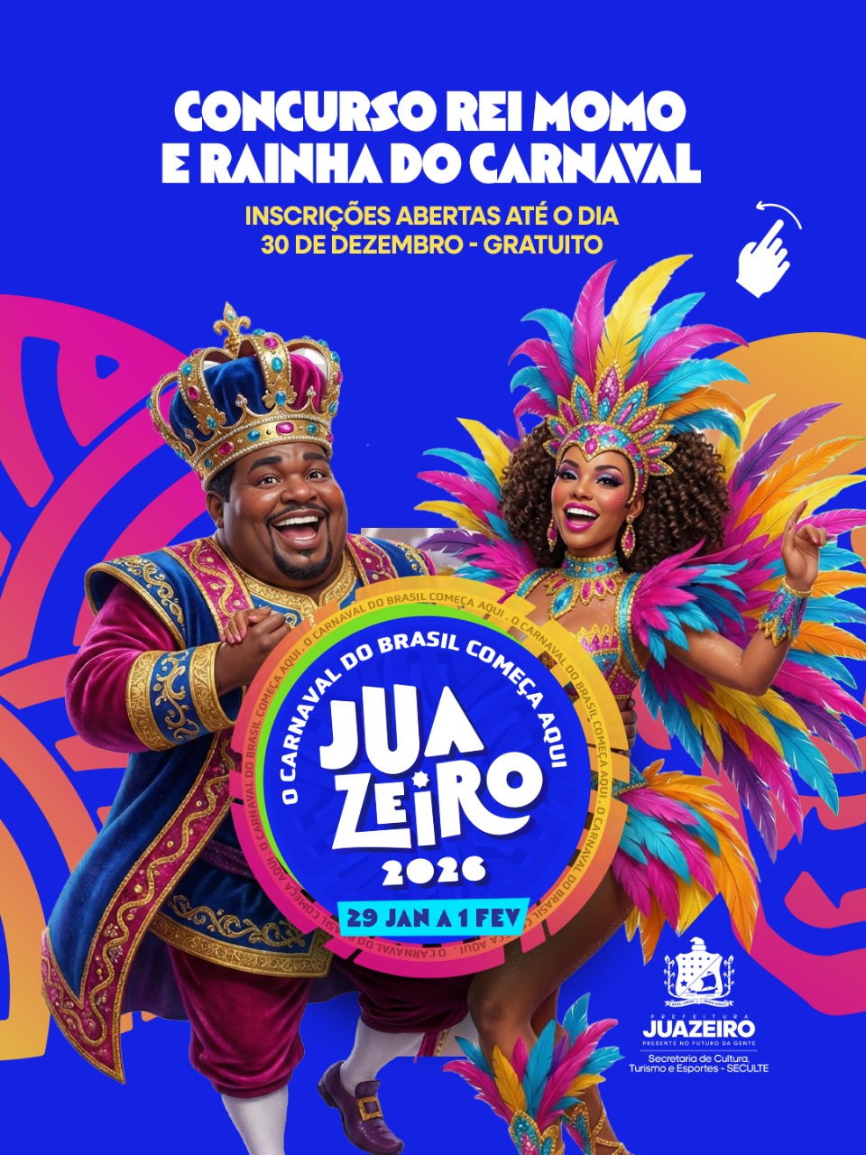 É sua vez de reinar: inscrições seguem abertas para Rei Momo e Rainha do Carnaval 2026