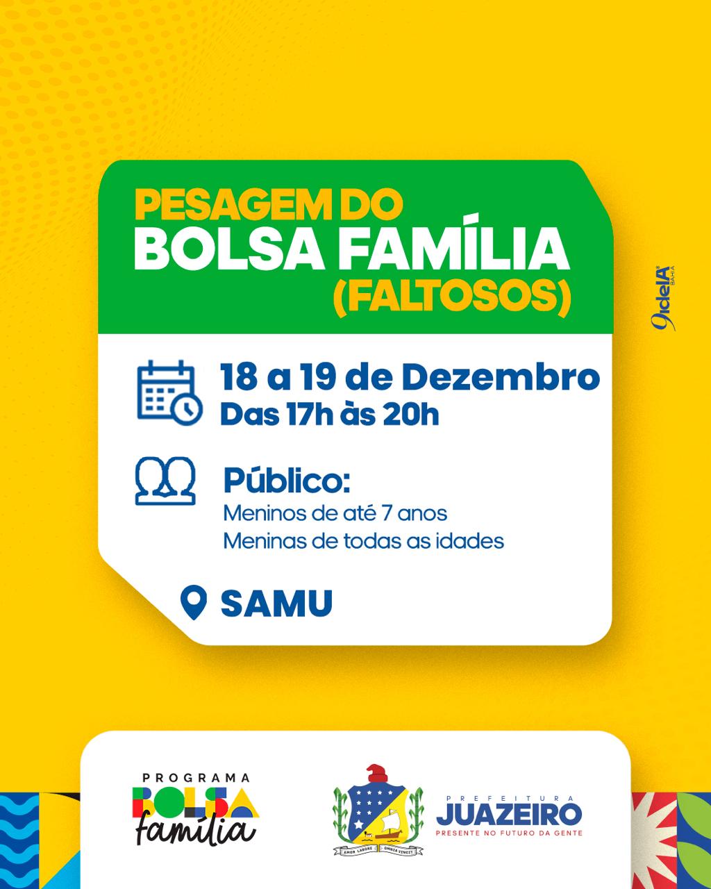 Bolsa Família: última chamada para pesagem obrigatória de beneficiários faltosos será realizada nos dias 18 e 19 de dezembro, em Juazeiro