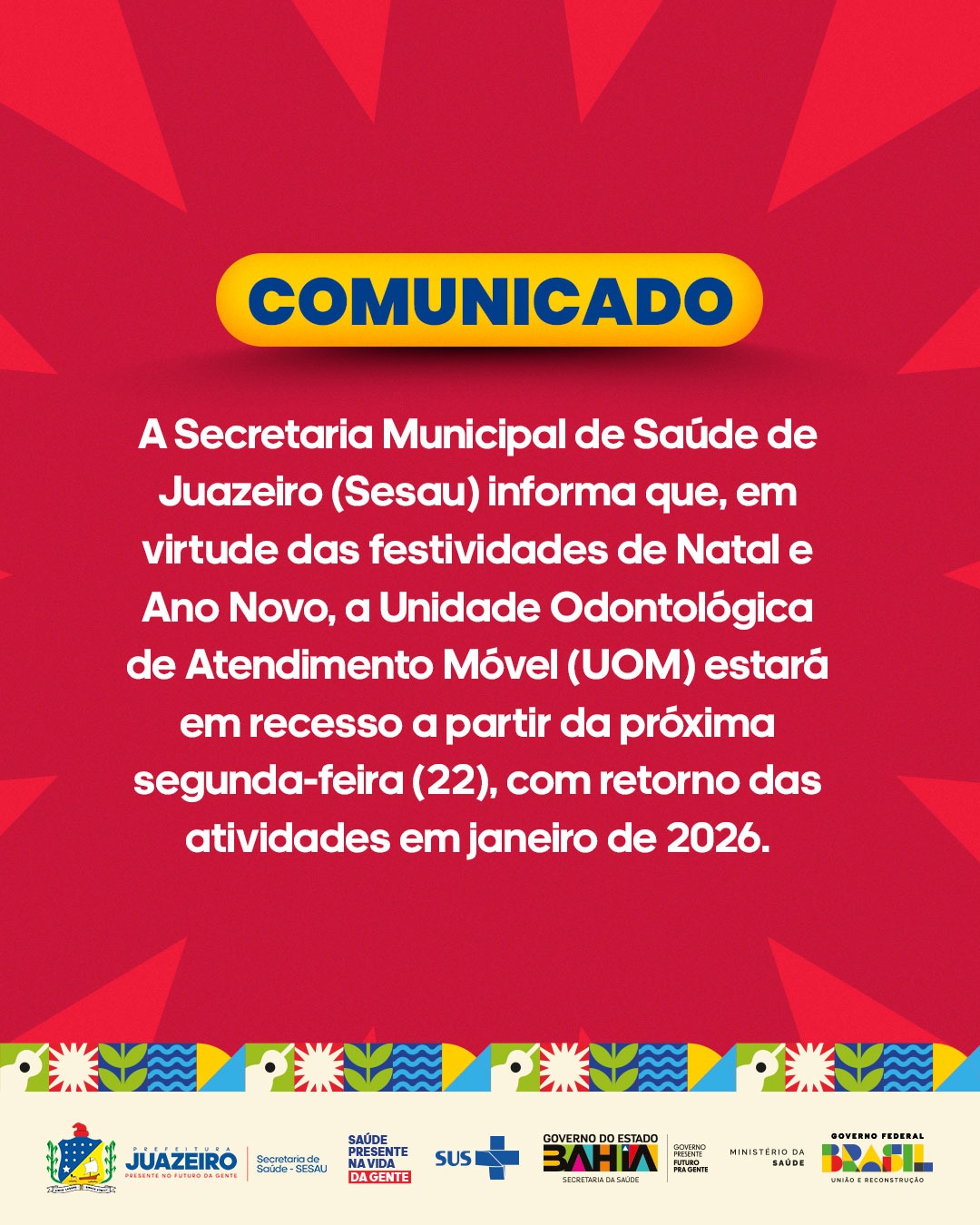 Sesau informa recesso da Unidade Odontológica de Atendimento Móvel durante as festas de fim de ano
