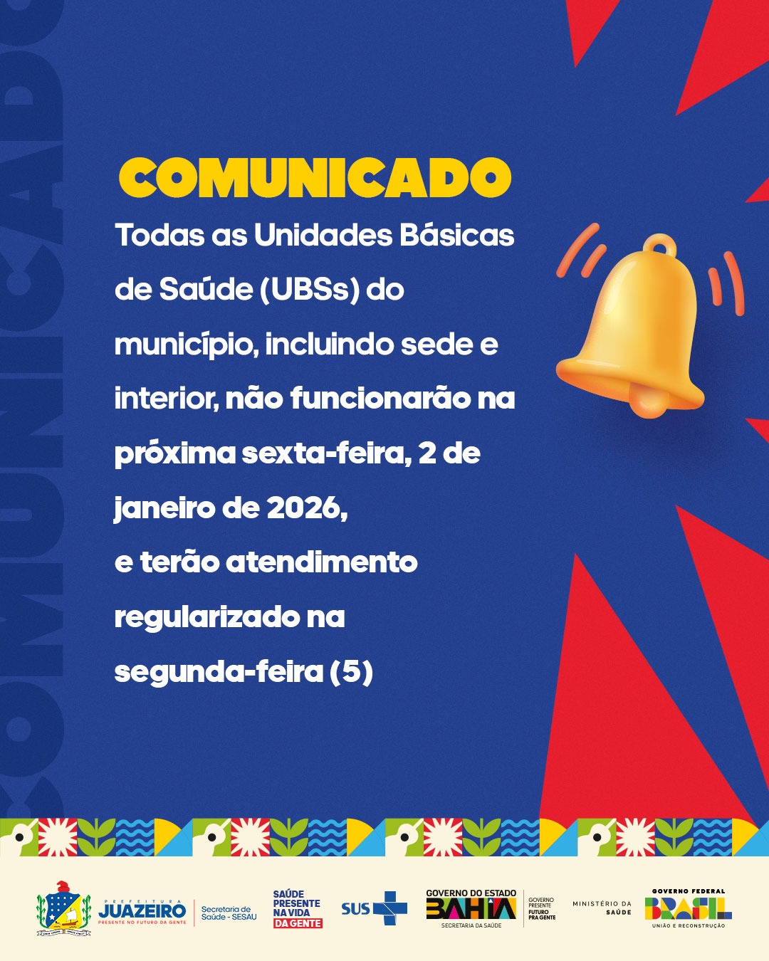 Sesau informa suspensão temporária do funcionamento das Unidades Básicas de Saúde na próxima sexta-feira (2)