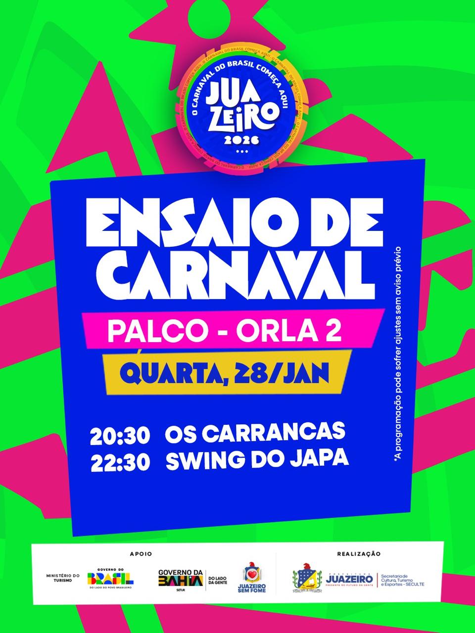 Tamborins afinados: Ensaio de Carnaval aquece a folia em Juazeiro na próxima quarta-feira (28) na Orla II
