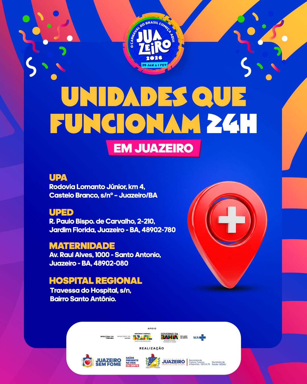 Sesau orienta população e visitantes sobre unidades de saúde com atendimento 24h durante o Carnaval em Juazeiro
