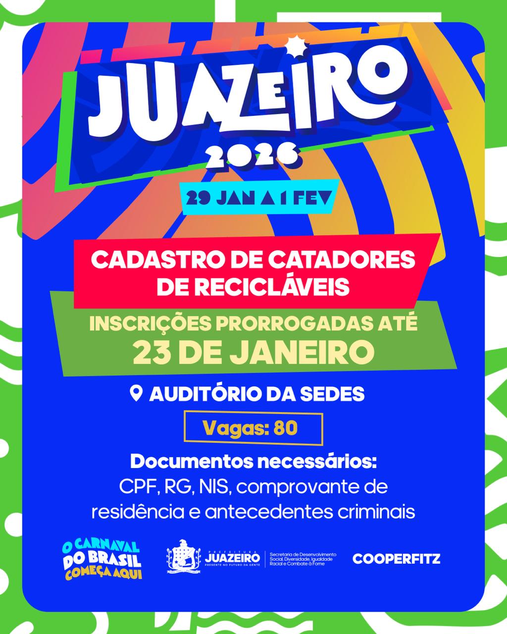 Prefeitura de Juazeiro prorroga inscrições para catadores que atuarão no Carnaval 2026