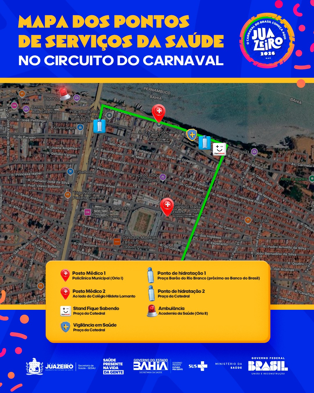 Sesau divulga mapa com pontos de serviços de saúde no circuito do Carnaval de Juazeiro