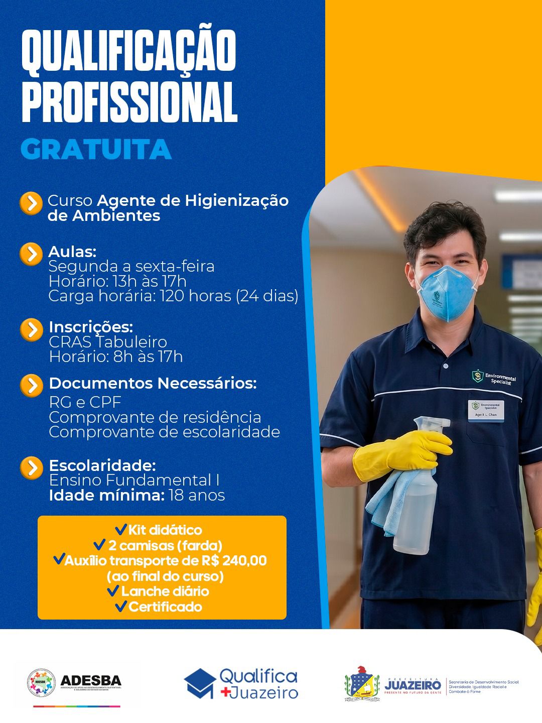 Inscrições gratuitas para curso de Agente de Higienização de Ambientes estão abertas no CRAS Tabuleiro