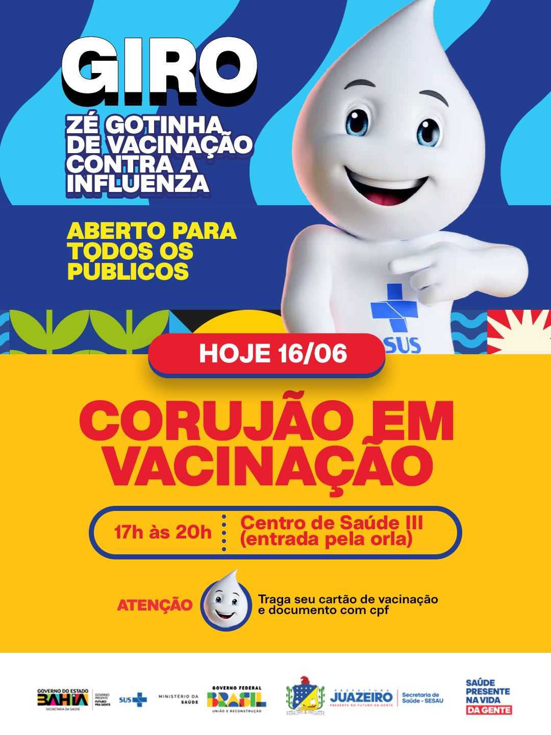 Giro Zé Gotinha leva vacinação itinerante a diferentes pontos de Juazeiro e reforça alerta sobre prazo para imunização contra a influenza