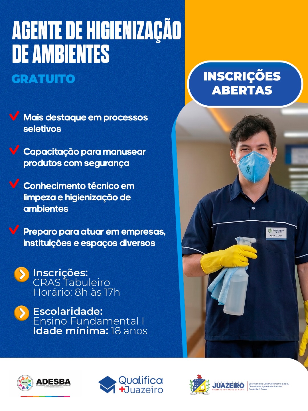 Curso gratuito de limpeza profissional tem inscrições prorrogadas no CRAS Tabuleiro