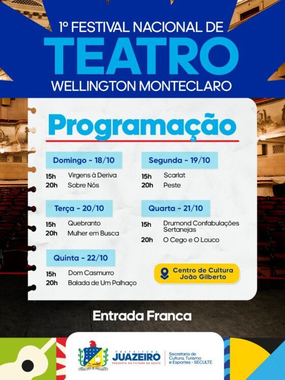 Abertura do 1º Festival Nacional de Teatro Wellington Monteclaro começa neste sábado (17), em Juazeiro; veja a programação